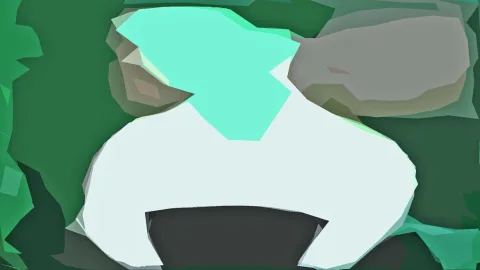 Stilisierte helle Figur aus geometrischen Facetten vor grünem Hintergrund, mit mintfarbenem Schopf und dunklem Sockel unten.
