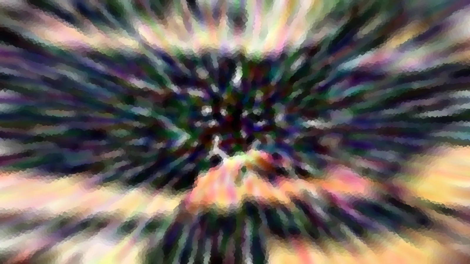 Abstrakte Komposition aus bunten Schlieren, die von einem dunklen Zentrum radial nach außen laufen, mit mosaikartiger Pixelstruktur.