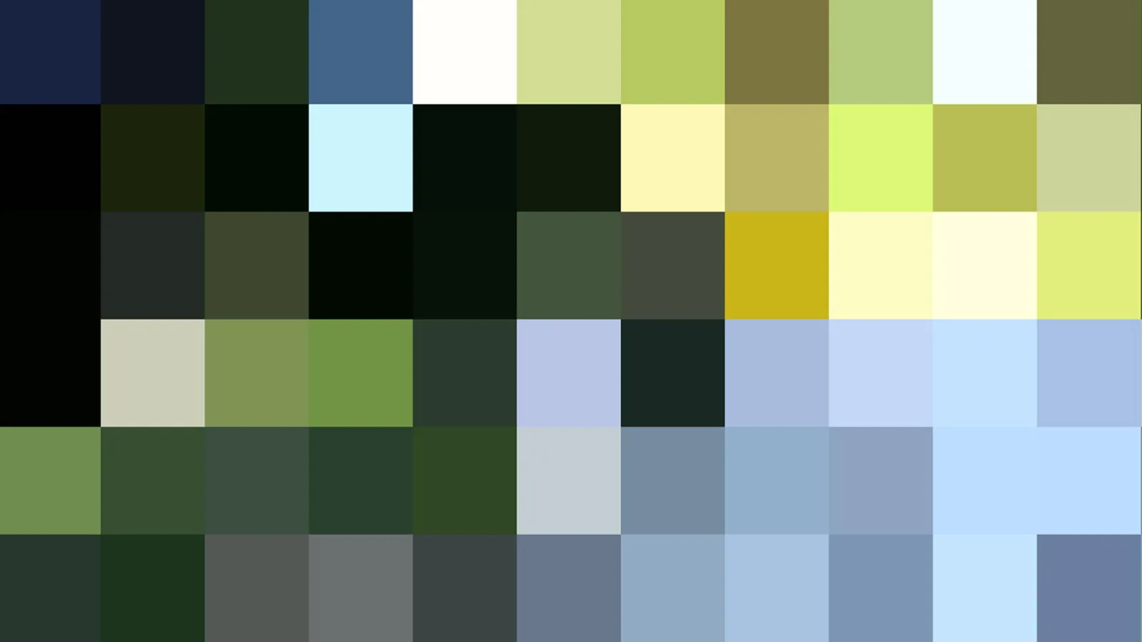 Mosaik aus kleinen quadratischen Farbfeldern in Navyblau, Dunkelgrün, Hellblau, Hellgelb und Schwarz, in fünf Reihen angeordnet.
