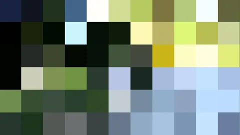 Mosaik aus kleinen quadratischen Farbfeldern in Navyblau, Dunkelgrün, Hellblau, Hellgelb und Schwarz, in fünf Reihen angeordnet.