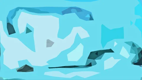 Abstrakte Komposition aus hellblauen, türkisfarbenen und dunkelteal Flächen mit scharfen Kanten.