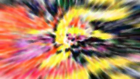 Bunte radiale Explosion aus Gelb, Rot, Pink und Grün mit dunklen Strahlen und pixeligem Zoomeffekt