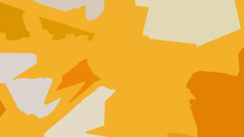 Abstrakte Komposition aus unregelmäßigen Flächen in Gelb, Orange, Beige und Hellgrau auf einem goldgelben Grund.