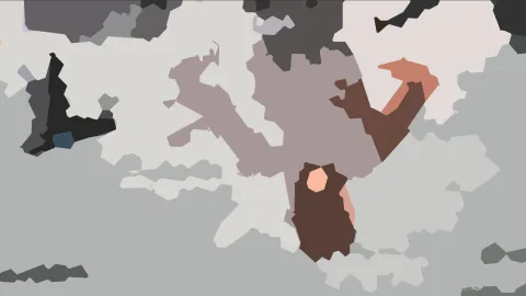 Abstrakte Komposition aus grauen, braunen und rosafarbenen flächigen Formen auf hellgrauem Grund.