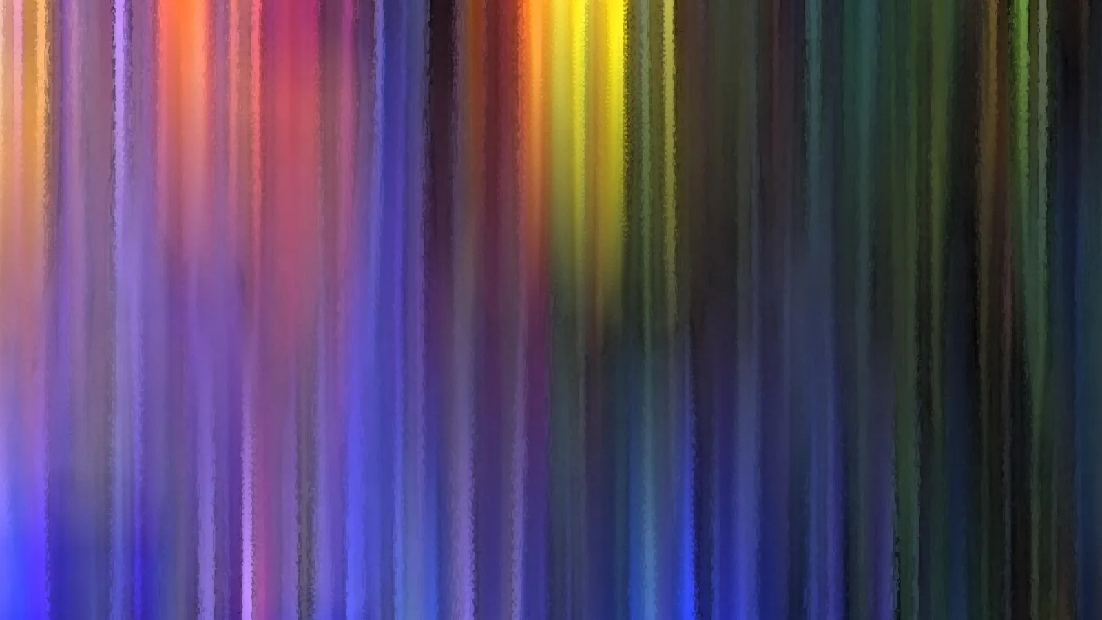 Abstraktes Bild aus senkrechten, unscharfen Farbstreifen in Violett, Blau, Orange, Gelb und Grün auf dunklem Grund.
