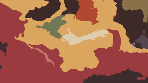 Abstraktes Bild aus flächigen, kantigen Formen in Rot, Ocker, Dunkelbraun, Salbeigrün und Creme.