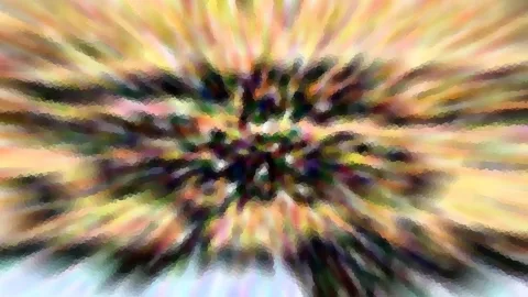 Abstrakte Komposition aus radial verlaufenden Streifen in Gelb, Orange und Grün mit einem dunklen Zentrum in der Mitte und pixeligem Muster.