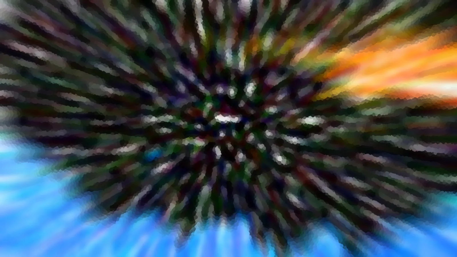 Abstrakte Komposition mit radialer Bewegungsunschärfe: dunkle, bunte Streifen laufen von einer hellen Mitte nach außen, rechts oben leuchtet Orange, unten links dominiert Blau.