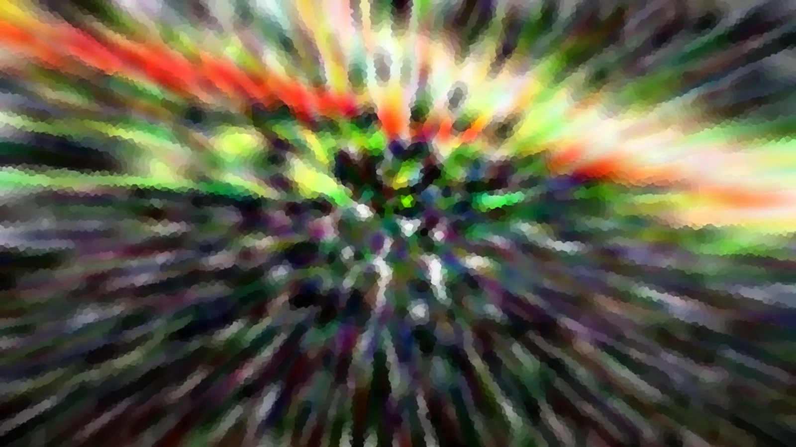 Abstraktes Bild mit radial von der Mitte nach außen laufenden, bunten Streifen in Rot, Orange, Gelb und Grün, die pixelig und unscharf wirken.