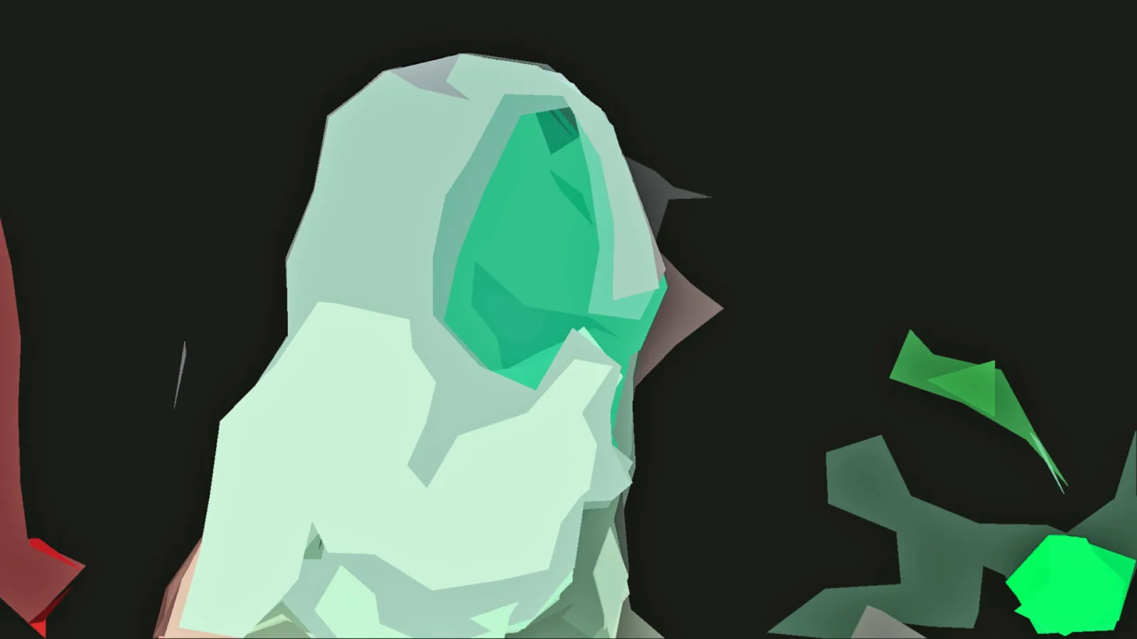 Abstrakte, kantige Formen in Mintgrün und Grün vor dunklem Hintergrund, links ein roter Keil, rechts ein leuchtend grüner Fleck.