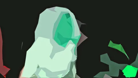Abstrakte, kantige Formen in Mintgrün und Grün vor dunklem Hintergrund, links ein roter Keil, rechts ein leuchtend grüner Fleck.
