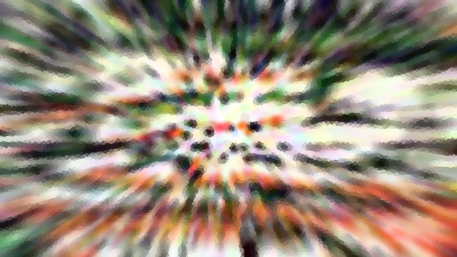 Abstraktes Bild mit radialen Schlieren in Grün, Rot und Weiß, die pixelig aus einem dunklen Zentrum nach außen strahlen.
