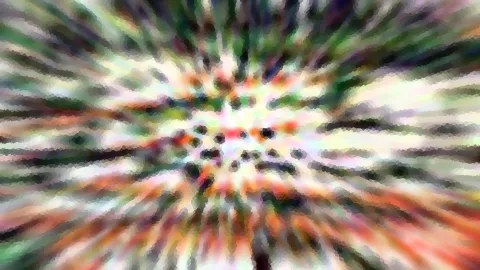 Abstraktes Bild mit radialen Schlieren in Grün, Rot und Weiß, die pixelig aus einem dunklen Zentrum nach außen strahlen.