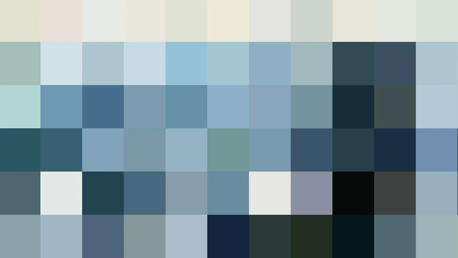Raster aus etwa 50 quadratischen Farbfeldern in Blau-, Grau- und Grüntönen, dunkle Felder unten rechts, helle Felder oben.