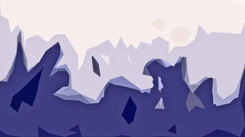 Abstrakte Landschaft aus kantigen, violetten und indigofarbenen Bergen unter einem hellen, cremefarbenen Himmel mit wenigen schwebenden Polygonen.