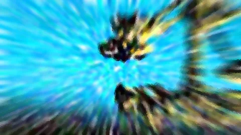Abstrakte Komposition aus blauen und gelben Strahlen, die von einem dunklen, fleckigen Zentrum nach außen laufen, mosaikartig grob verpixelt.