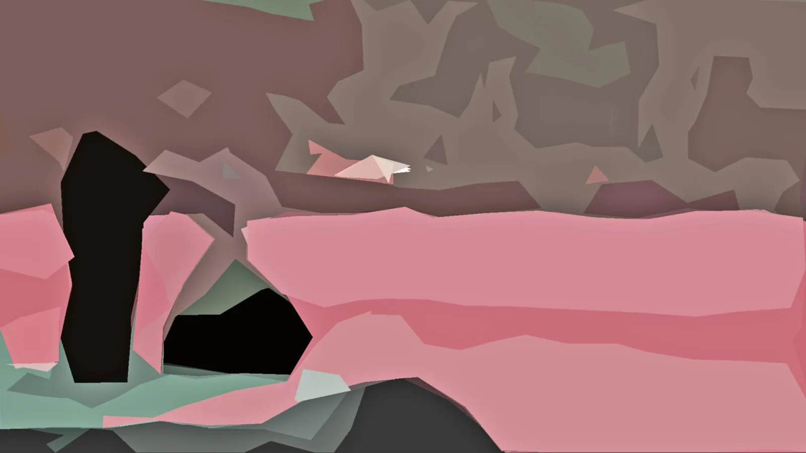 Abstrakte Komposition aus kantigen, flächigen Formen in Rosa, Grau, Mint und Schwarz, mit einer dunklen Öffnung links unten.