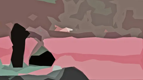 Abstrakte Komposition aus kantigen, flächigen Formen in Rosa, Grau, Mint und Schwarz, mit einer dunklen Öffnung links unten.