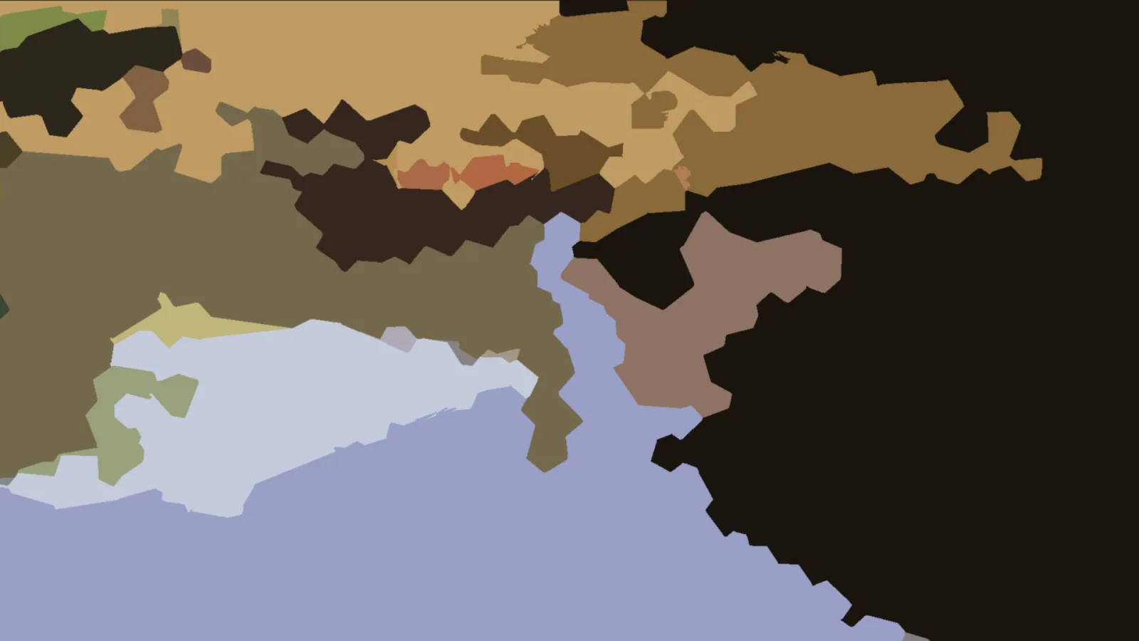 Abstraktes Muster aus unregelmäßigen Flächen in Braun, Schwarz, Beige, Grün und Hellblau.
