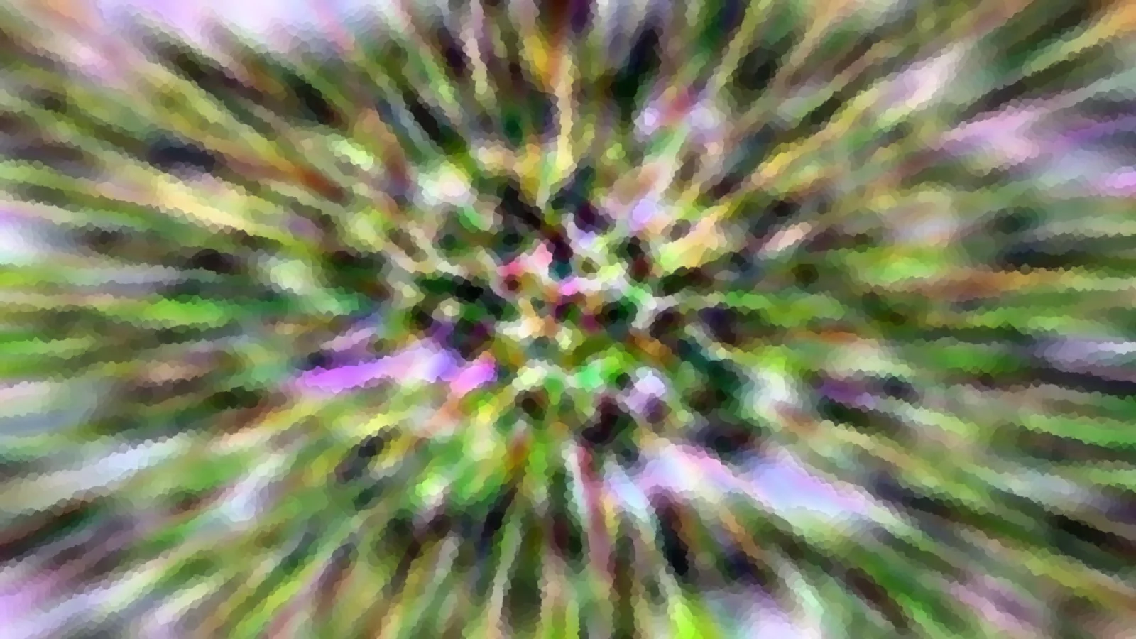 Abstraktes Bild mit radialen Streifen in Grün, Lila und Gelb, die von einem unscharfen Zentrum nach außen strahlen. Die Kanten wirken pixelig und mosaikartig.