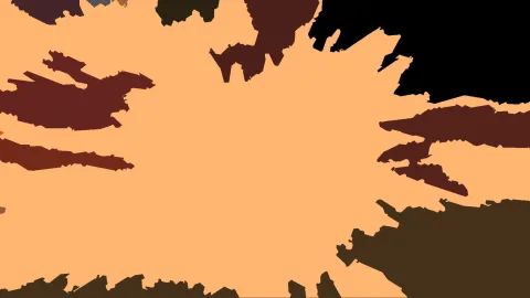 Abstrakte Komposition mit einer großen orangefarbenen Fläche in der Mitte und dunkelbraunen und schwarzen Formen an den Rändern.