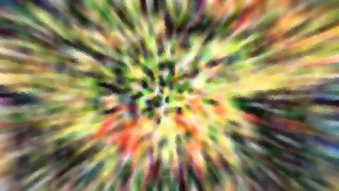 Abstrakte Komposition aus radial von der Mitte nach außen verlaufenden, bunten Streifen in Grün, Gelb, Orange und Rot, mosaikartig gepixelt.