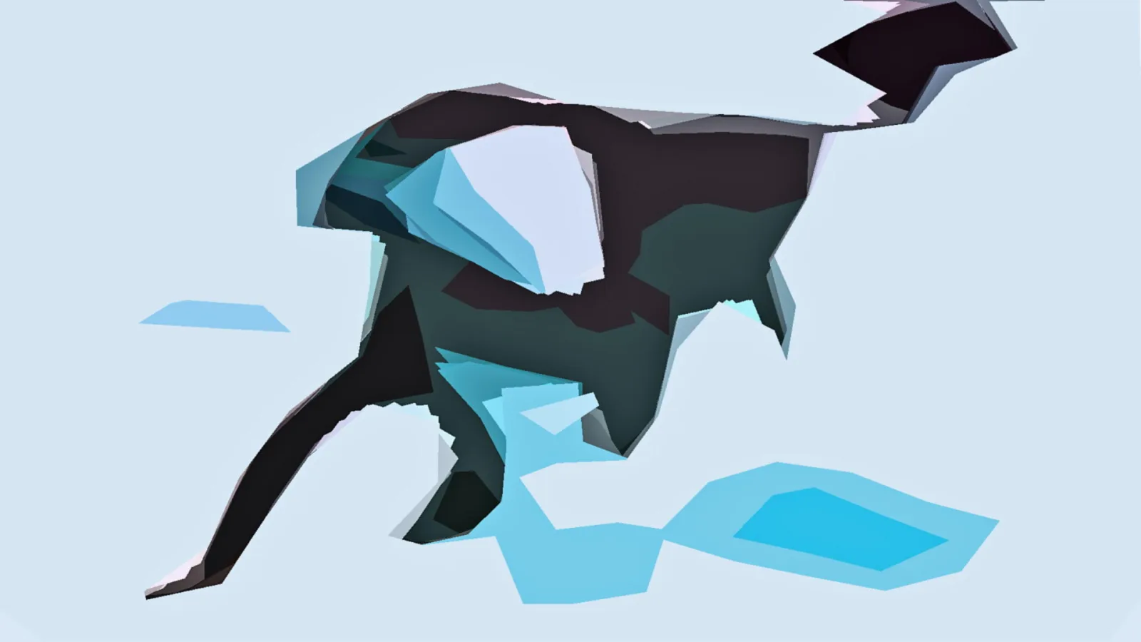 Abstrakte, dunkle Tierform mit blauen Eisflächen auf hellblauem Hintergrund