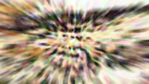 Abstrakte Komposition aus bunten, pastellfarbenen Strichen, die radial von einer hellen Mitte nach außen laufen, grob gepixelt.