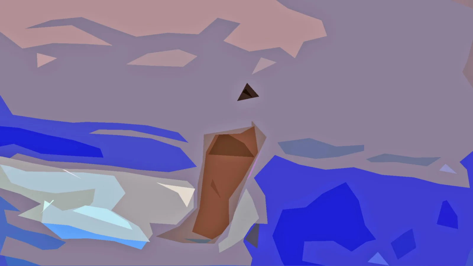 Abstrakte Komposition aus flachen, kantigen Farbflächen in Violett, Blau und Weiß, mit einer länglichen braunen Form in der Bildmitte und einem kleinen dunklen Dreieck darüber.