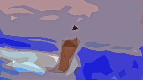 Abstrakte Komposition aus flachen, kantigen Farbflächen in Violett, Blau und Weiß, mit einer länglichen braunen Form in der Bildmitte und einem kleinen dunklen Dreieck darüber.