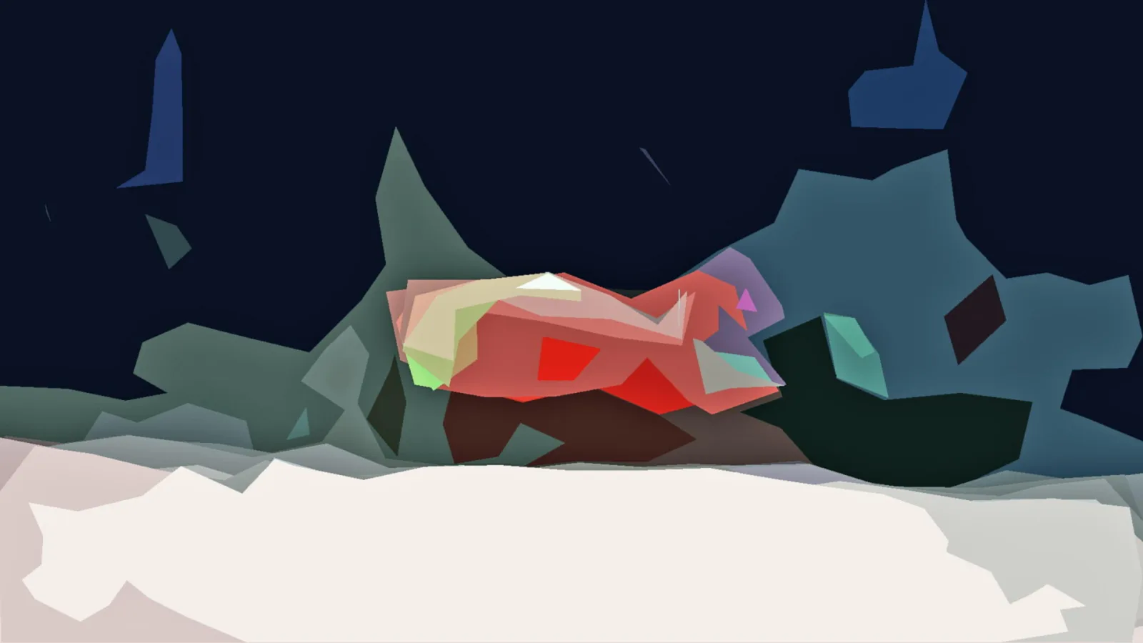 Abstrakte, facettierte Komposition mit einer roten Form in der Bildmitte, umgeben von blaugrünen und dunklen Flächen vor dunkelblauem Himmel, unten eine helle weiße Fläche.