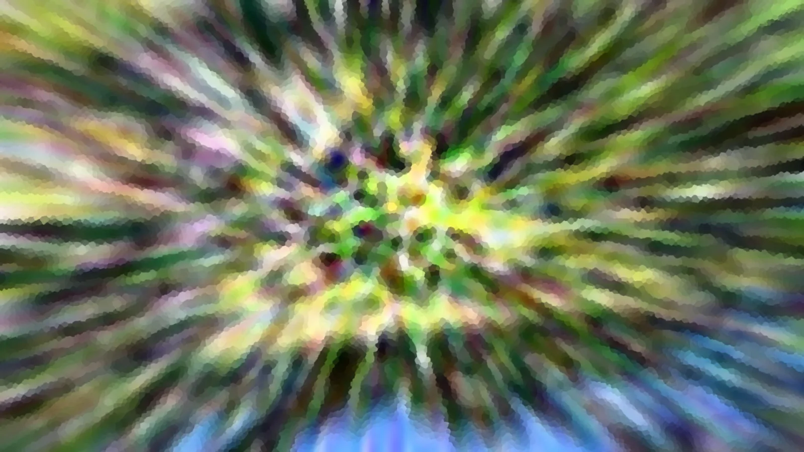 Abstrakte Komposition aus radial verlaufenden, verwischten Streifen in Grün, Gelb und Violett, unten ein blasser blauer Schimmer.