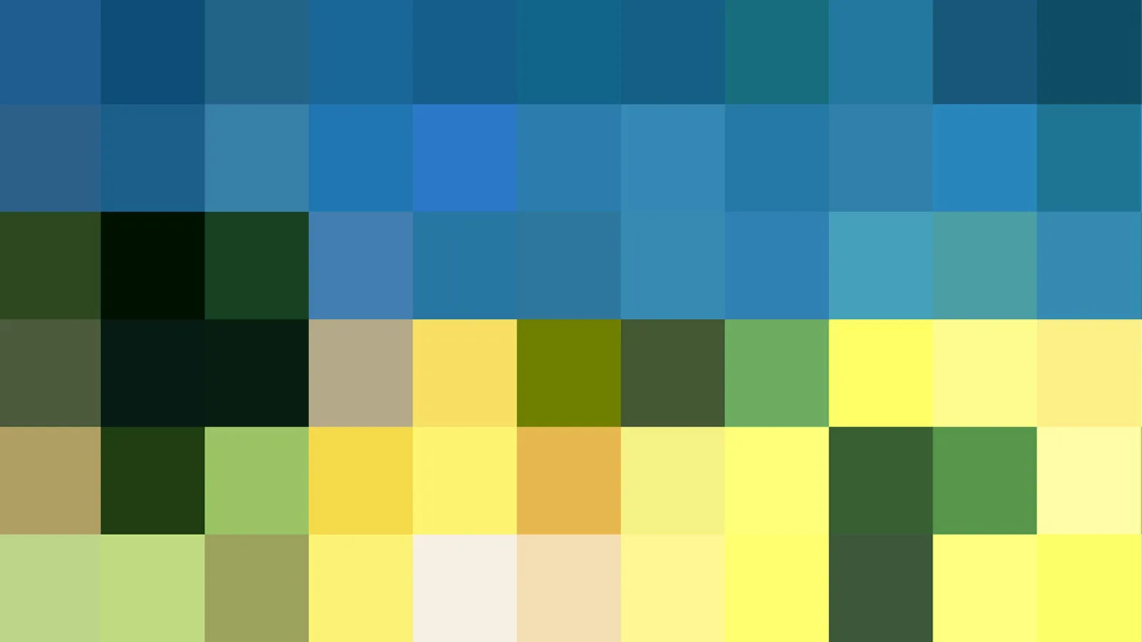 Abstraktes Mosaik aus quadratischen Pixelfeldern: oben blaue Töne, unten grüne und gelbe Felder.