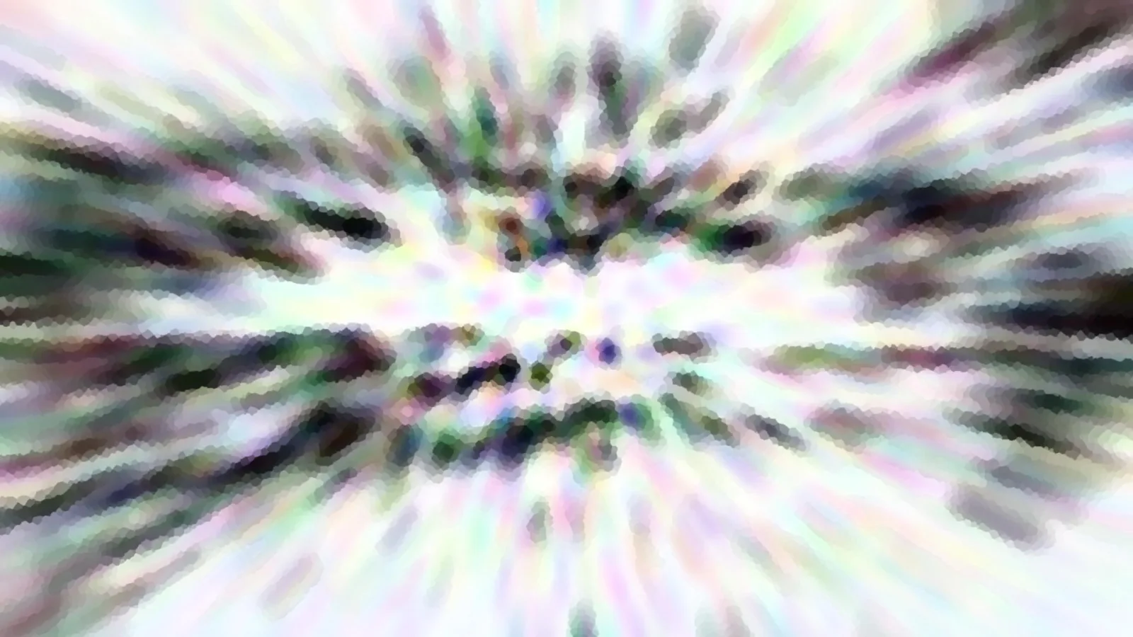 Abstraktes Bild mit verwischten Streifen, die von einer hellen Mitte radial nach außen laufen, in Weiß, Pastellfarben und dunklem Grün.