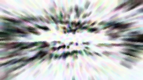 Abstraktes Bild mit verwischten Streifen, die von einer hellen Mitte radial nach außen laufen, in Weiß, Pastellfarben und dunklem Grün.