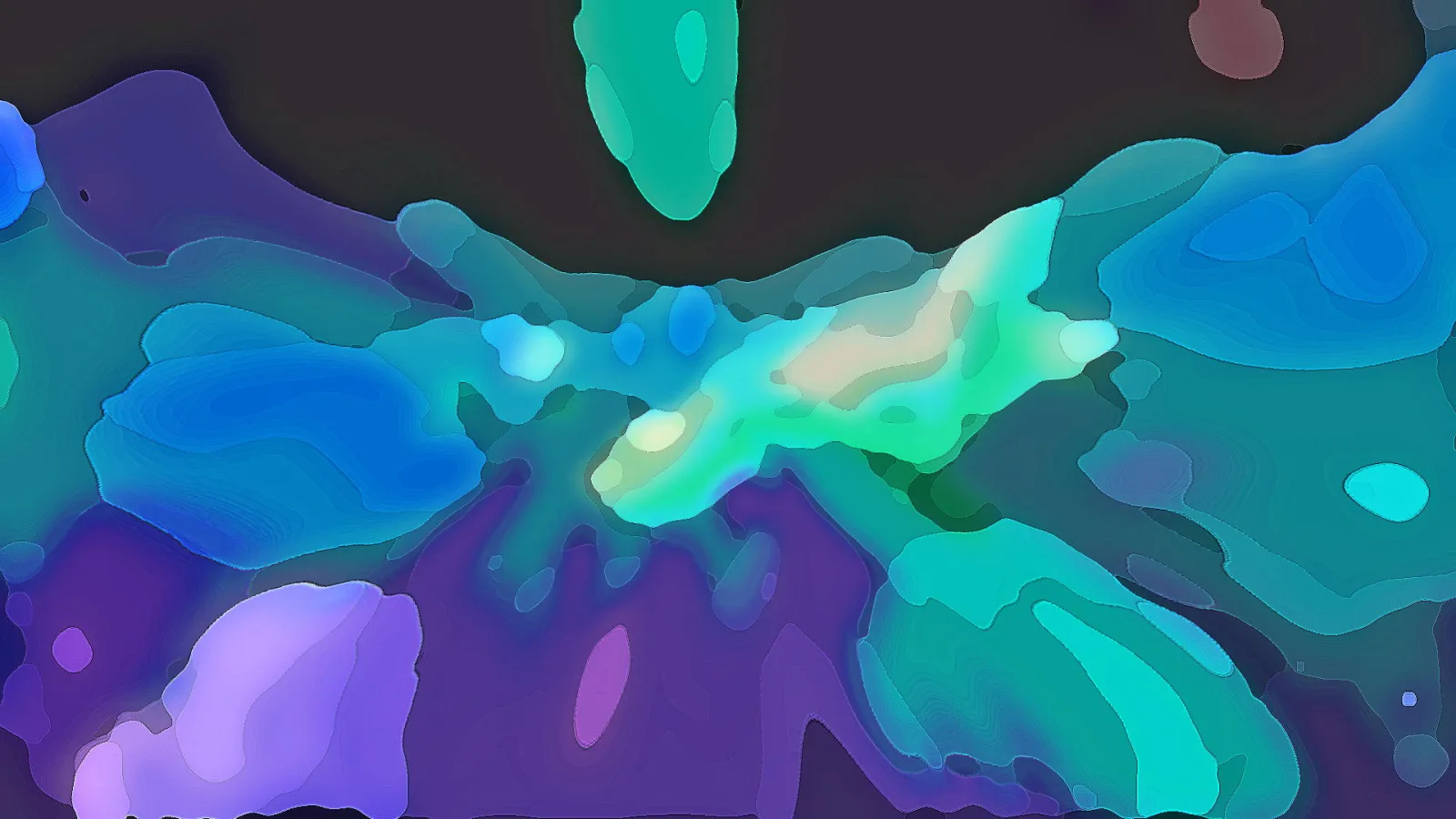 Abstrakte Komposition aus weichen türkisen, blauen und violetten Farbflächen auf dunklem Grund