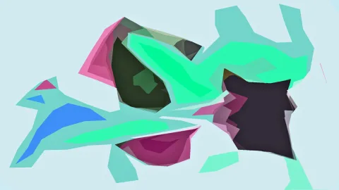 Abstrakte Komposition aus flachen, kantigen Formen in Mint, Grün, Magenta und Dunkelviolett auf hellblauem Grund.