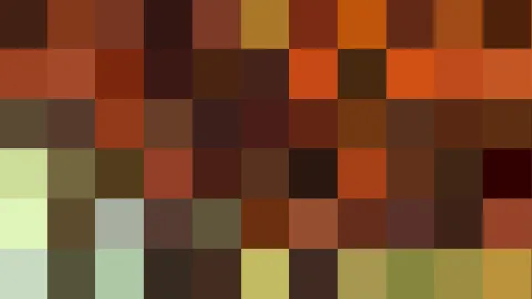 Abstraktes Mosaik aus quadratischen Pixelfeldern in Braun-, Orange-, Oliv- und Grüntönen, in einem Raster angeordnet.