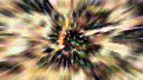 Abstrakte Komposition aus radial verlaufenden, farbigen Streifen, die von einem dunklen Zentrum nach außen strahlen.