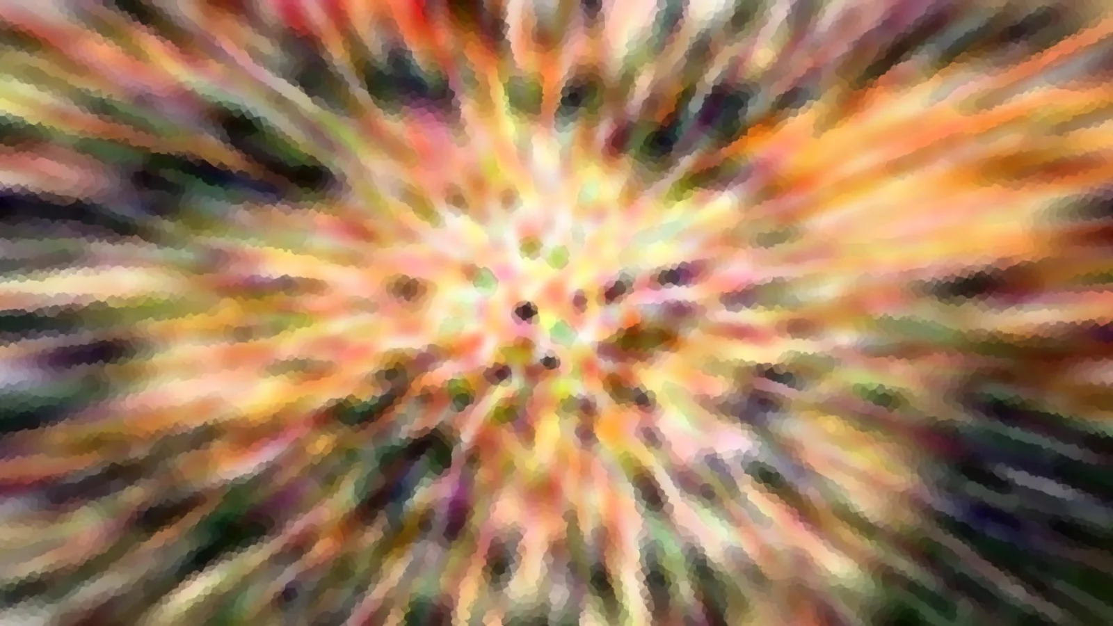 Abstrakte, radial verwischte Farbstrahlen in Orange, Gelb, Grün und Rosa, die von einem hellen Zentrum ausgehen.