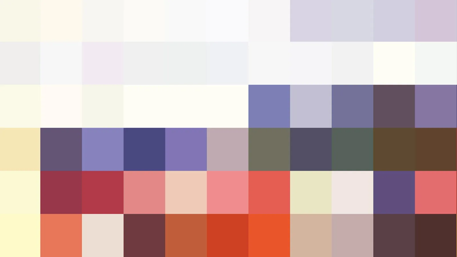 Abstraktes Raster aus farbigen Quadraten in Pastelltönen, Violett, Rot und Braun, oben hell und unten kräftiger.