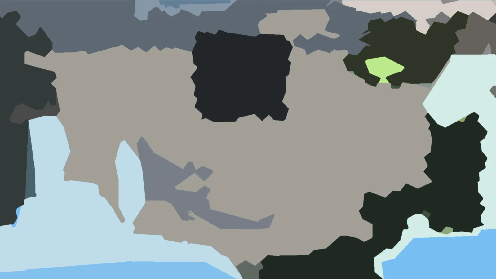 Abstrakte Komposition aus unregelmäßigen Flächen in Beige, Grau, Schwarz, Dunkelgrün und Hellblau, die fast ohne Verlauf nebeneinanderstehen.