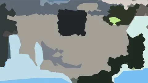 Abstrakte Komposition aus unregelmäßigen Flächen in Beige, Grau, Schwarz, Dunkelgrün und Hellblau, die fast ohne Verlauf nebeneinanderstehen.