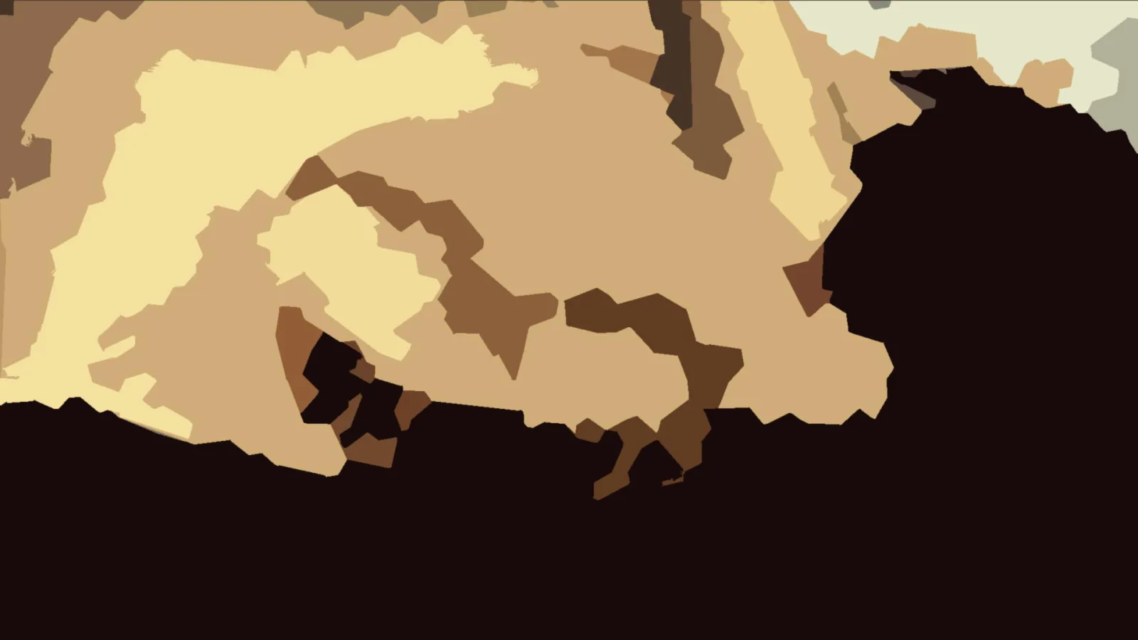 Abstrakte Komposition aus flachen, unregelmäßig geformten Flächen in Creme, Beige, Braun und Schwarz, die sich am unteren Rand zu einer dunklen Masse verdichten.
