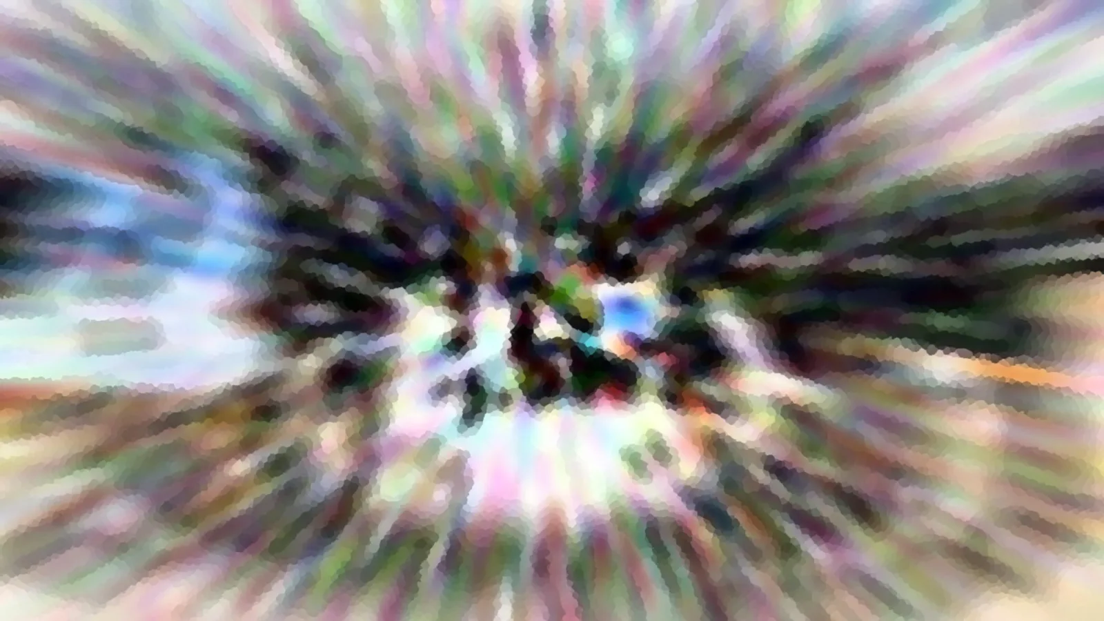 Abstrakte Komposition mit radial von einem dunklen Zentrum nach außen verlaufenden, verwischten Streifen in Grün, Violett, Blau und Weiß.