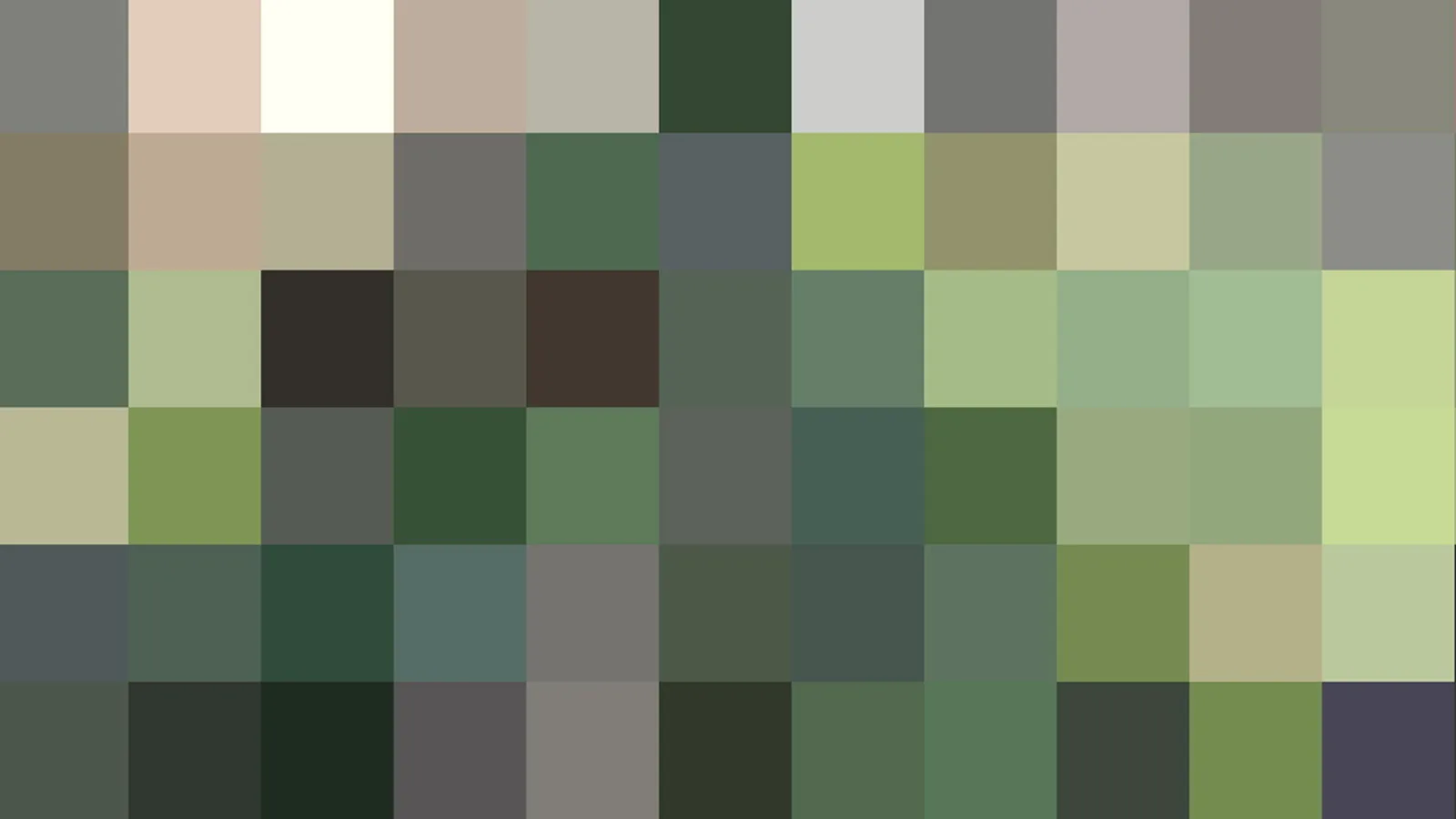 Abstraktes Mosaik aus quadratischen Farbfeldern in Grün-, Oliv- und Grautönen, durchsetzt mit wenigen hellen und dunklen Feldern.