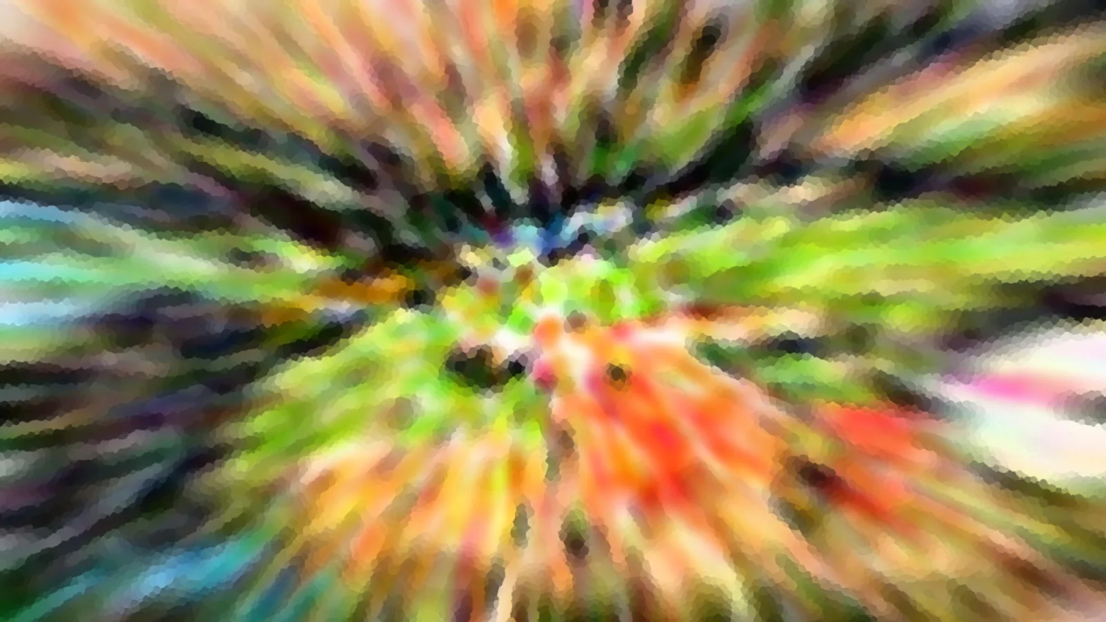 Abstrakte Farbexplosion mit radialen Schlieren aus Grün, Orange und Rot, zur Mitte hin grob gekörnt und pixelig.