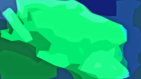 Abstrakte Komposition aus großen, kantigen Flächen in verschiedenen Grüntönen, umgeben von dunkelblauen und hellblauen Feldern.
