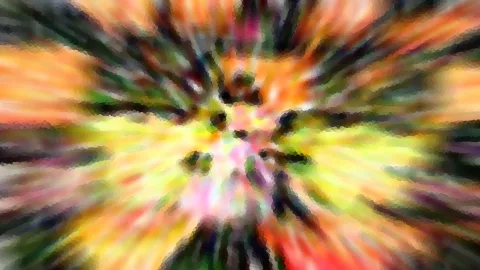 Abstrakte, radial verwischte Farbexplosion in Orange, Gelb und Grün mit dunklen Schlieren um ein helles Zentrum.