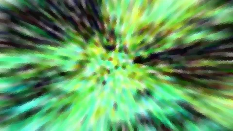 Abstraktes Bild mit grünen, gelben und dunklen Streifen, die radial von einem hellen Zentrum nach außen laufen.